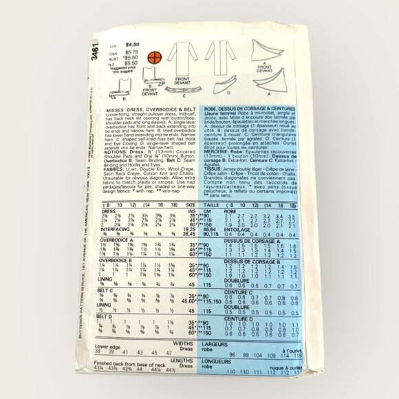Vintage 1980s Butterick Sewing Pattern 3461 Misses Dress Overbodice Belt Sz 8-12 - Picture 2 of 2